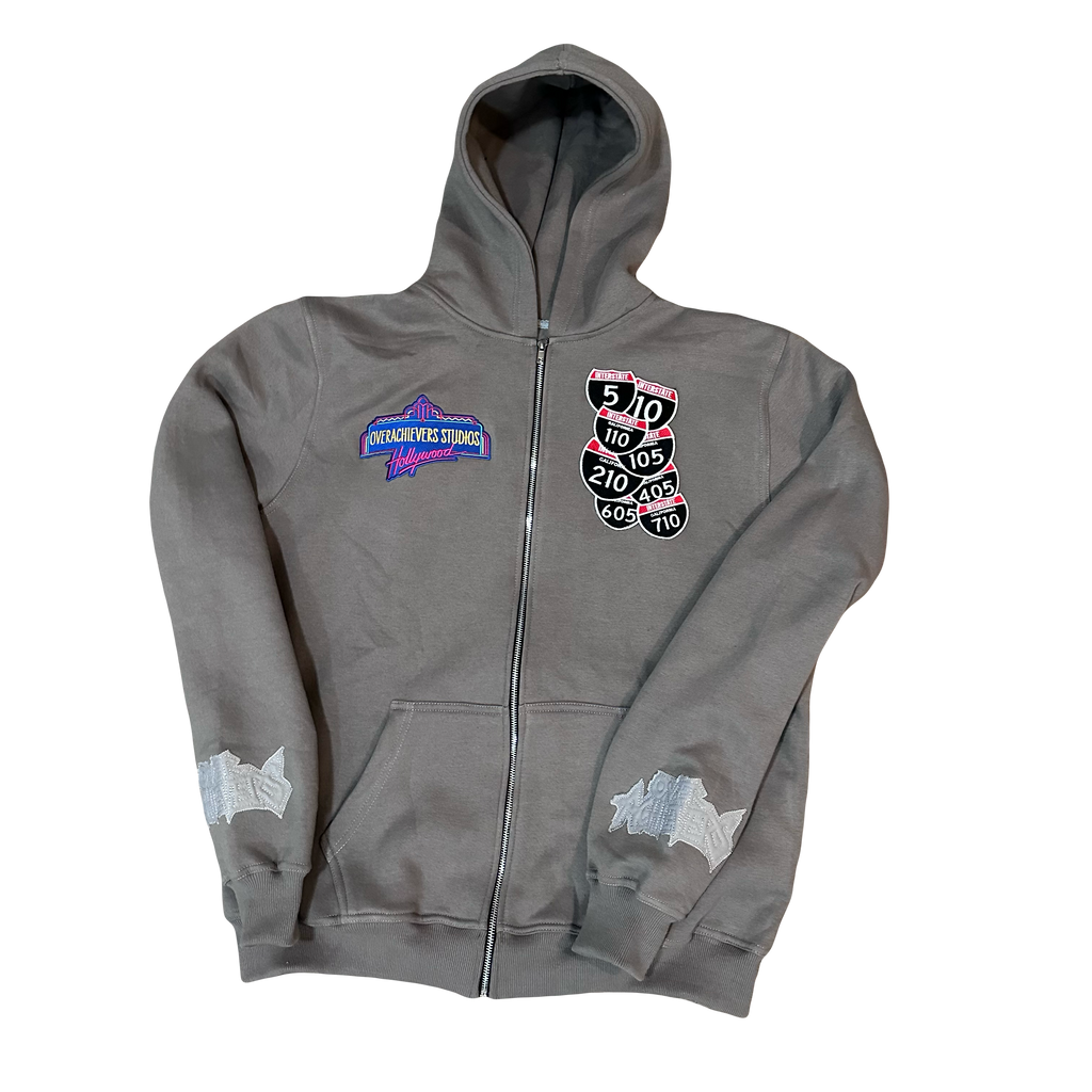 Over Achievers Los Angeles Cut and Sewn Grey Embroidered Zip Up