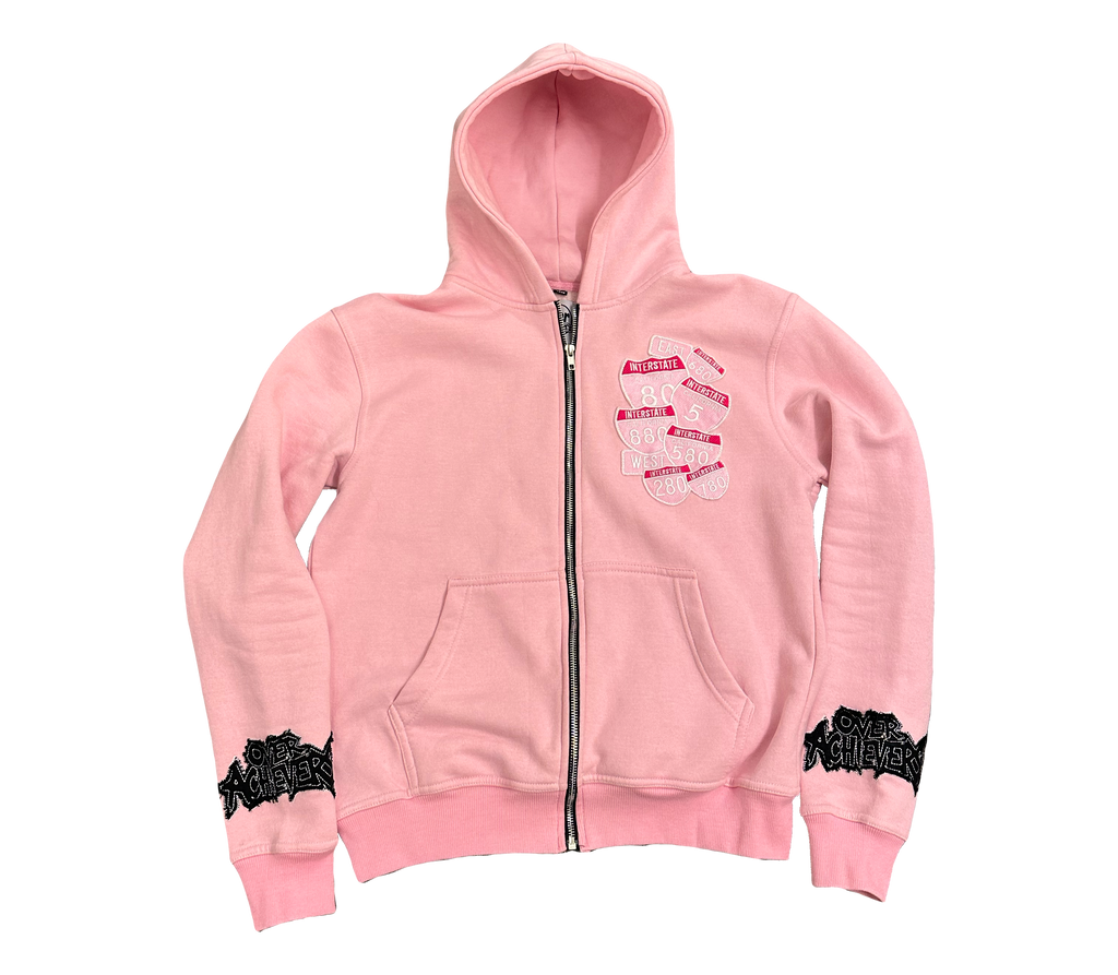 Pink Over Achievers Cut And Sewn Embroidered Bay Area Interstate Zip Up Hoodie